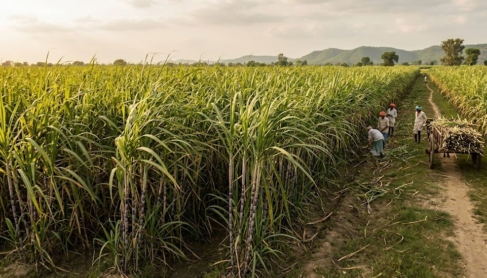 Sugarcane Field with Farmers and tractor
